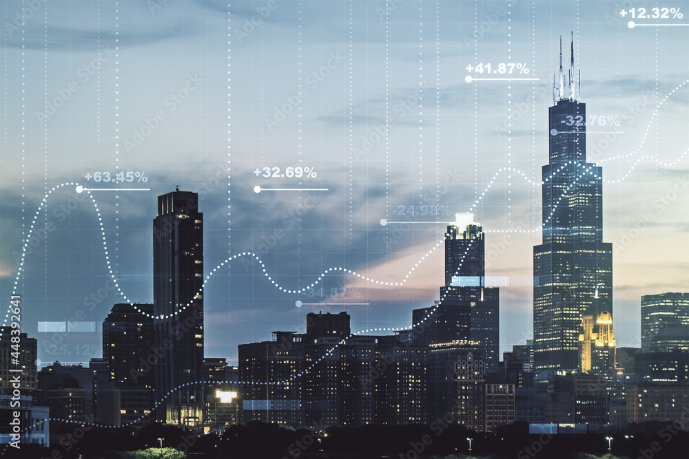 Poster multi exposure of abstract virtual graphic data spreadsheet sketch on chicago cityscape background, 
