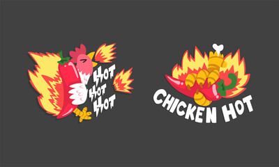 Hot Spicy Chicken with Fire and Chilli Pepper as Grill and Roast Sticker Vector Set