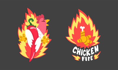 Hot Spicy Chicken with Fire and Chilli Pepper as Grill and Roast Sticker Vector Set