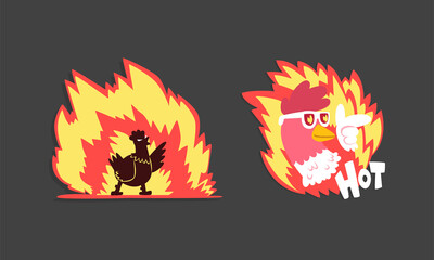 Hot Spicy Chicken with Fire as Grill and Roast Sticker Vector Set