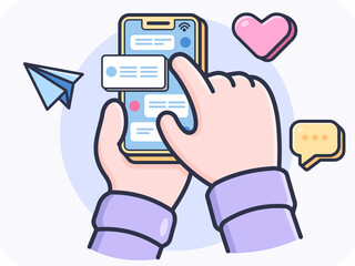 Hand gestures using social media, Chatting via chat application, sending a message, vector design and isolated background.