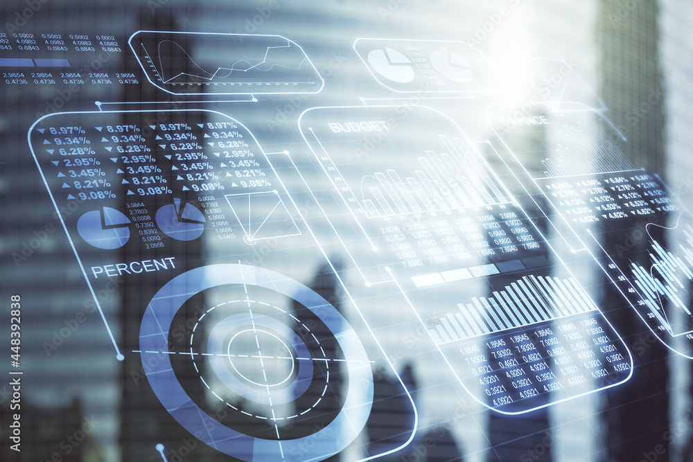 Poster double exposure of abstract virtual statistics data hologram on modern skyscrapers background, stati