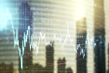 Double exposure of abstract financial chart on office buildings background, research and analytics concept