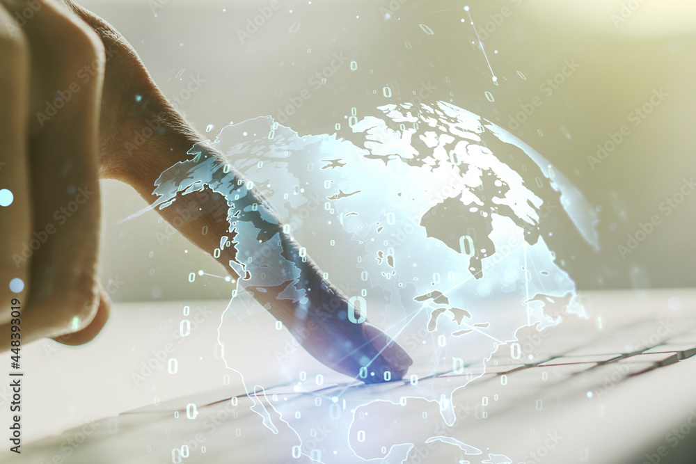 Aufkleber abstract creative coding illustration with world map and hands typing on laptop on background, inter