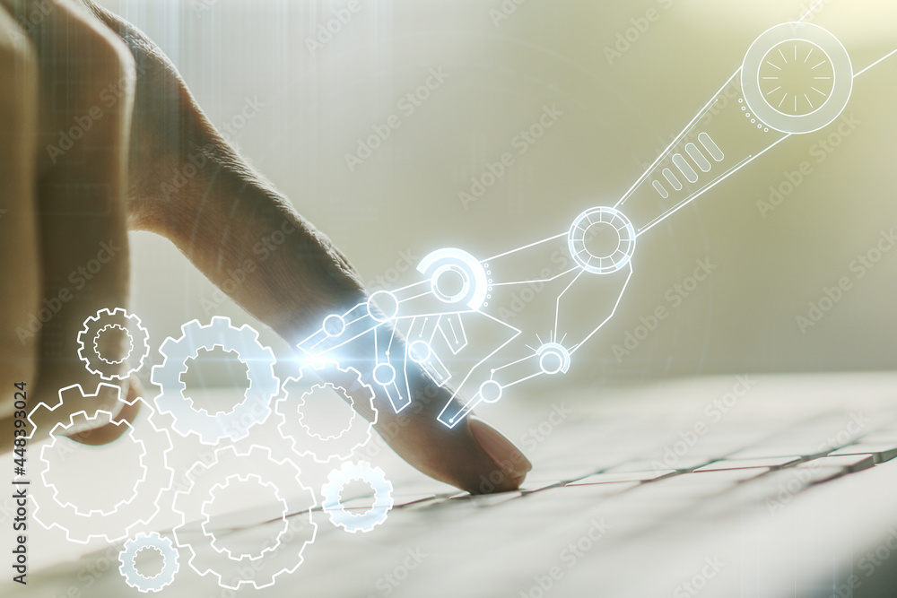 Aufkleber creative abstract robotics technology hologram and hands typing on computer keyboard on background, 