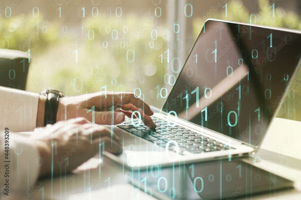 Poster creative abstract binary code hologram and hands typing on computer keyboard on background, ai and m