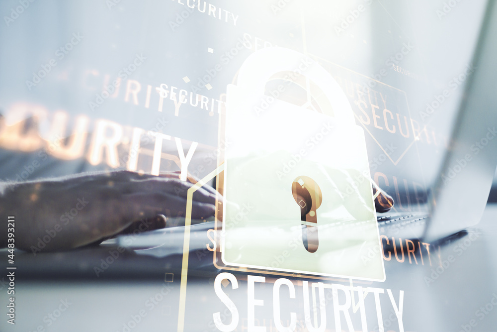 Poster creative lock illustration with microcircuit and hands typing on computer keyboard on background, cy