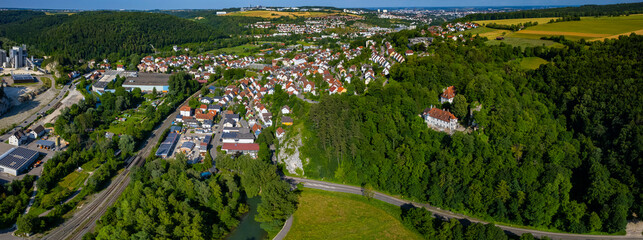 Aerial view of the city Blaustein close to ulm in Germany on a sunny spring day.