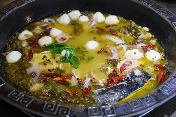 Chinese boiled fish with pickled cabbage and chili. Traditional Chinese cuisine