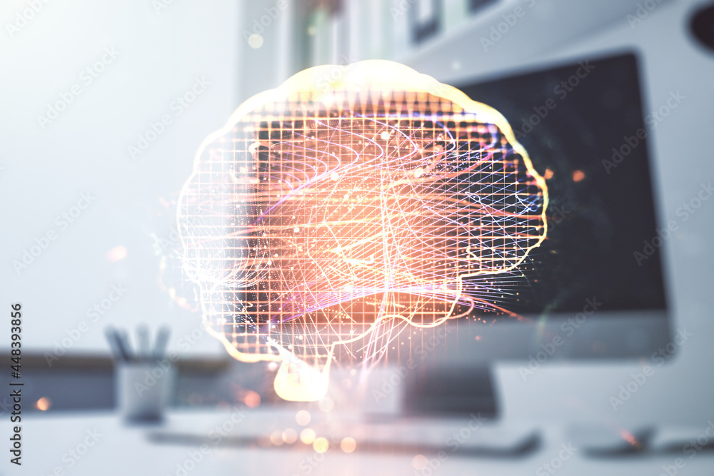 Poster double exposure of creative human brain microcircuit and modern desk with computer on background. fu