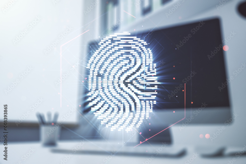 Poster multi exposure of abstract creative fingerprint illustration and modern desktop with computer on bac