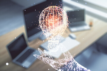 Creative idea concept with light bulb illustration and modern desktop with computer on background. Multiexposure