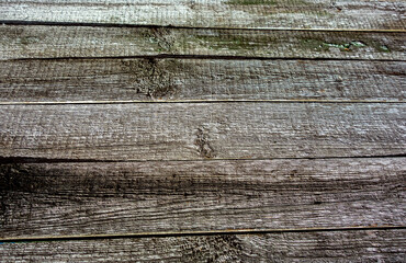 A wooden wall with an aged surface.
Vintage wall and floor made of darkened wood, realistic plank texture.
 Empty room interior background.