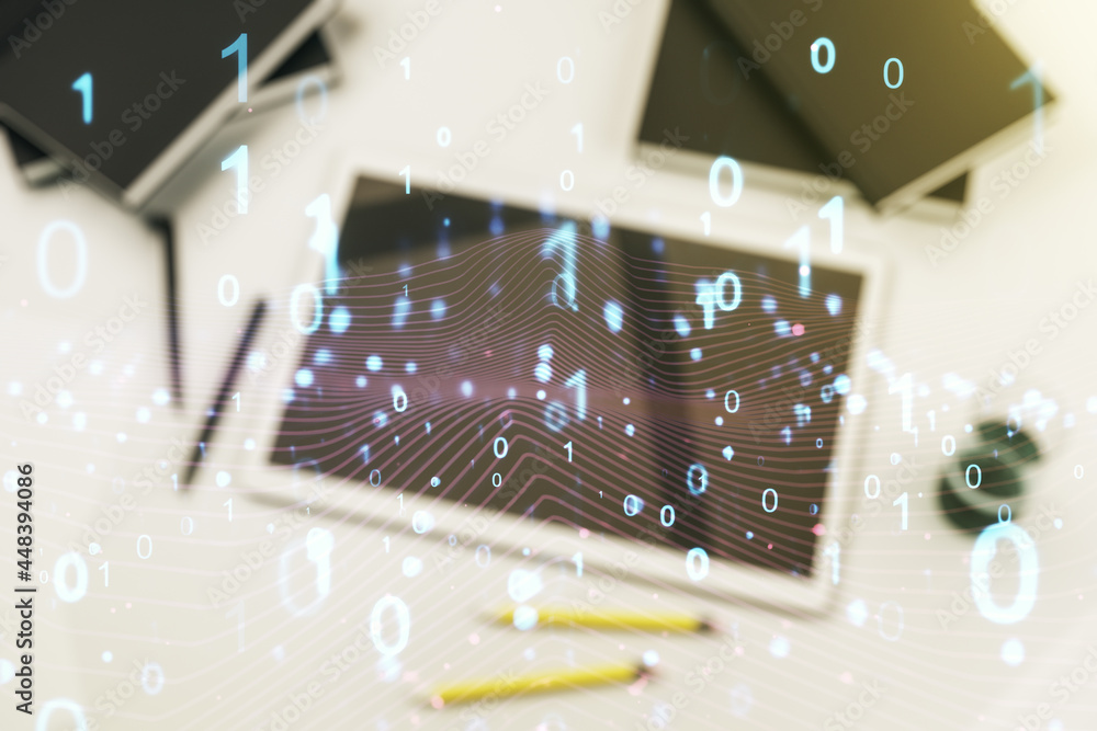 Poster creative abstract binary code hologram and modern digital tablet on desktop on background, top view,