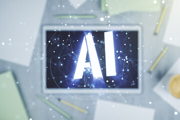 Creative artificial Intelligence symbol concept and modern digital tablet on background, top view. Multiexposure