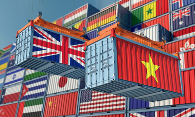 Freight containers with United Kingdom and Vietnam flag. 3D Rendering 