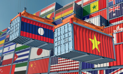 Freight containers with Laos and Vietnam flag. 3D Rendering 