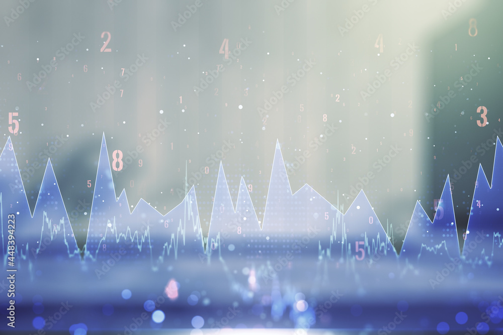 Poster multi exposure of stats data illustration on blurry modern office building background, computing and