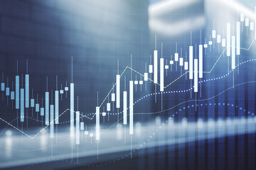 Double exposure of abstract creative financial chart hologram on modern business center exterior background, research and strategy concept