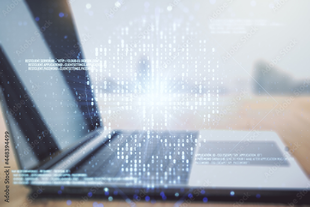 Poster creative code skull sketch on modern laptop background, theft of personal data and malware concept. 