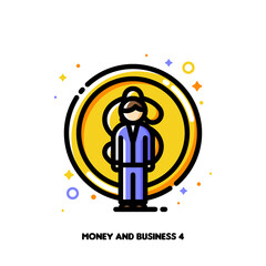 Icon of businessman on a background of money for budget planning and smart savings concept. Flat filled outline style. Pixel perfect 64x64. Editable stroke