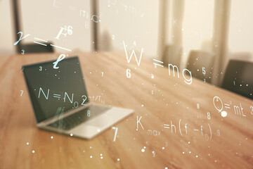 Creative scientific formula hologram on modern laptop background, research concept. Multiexposure