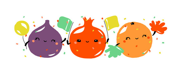 Kawaii characters of fig, pomegranate and orange celebrating joyful holiday. Cute fruits with multicolored flags, pom poms and balloon. Vector illustration for greeting card or poster