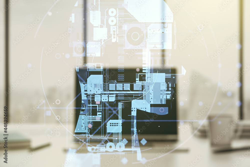 Poster double exposure of creative human head microcircuit with computer on background. future technology a