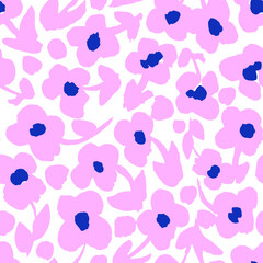 Abstract retro seamless pattern with simple geometric purple flowers.