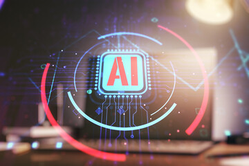 Double exposure of creative artificial Intelligence abbreviation with computer on background....