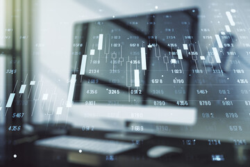 Double exposure of abstract creative statistics data hologram on computer background, analytics and forecasting concept