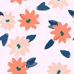 VectorSimple seamless pattern of hand drawn gouache flowers, colorful botanical illustration, floral elements, hand drawn repeatable background. Artistic backdrop.
