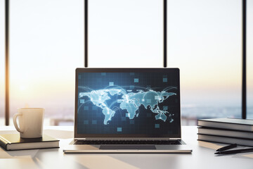 Computer monitor with abstract graphic digital world map with connections, globalization concept. 3D Rendering