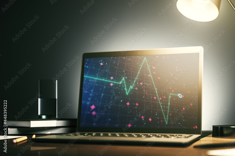 Poster modern computer monitor with creative abstract heart rate hologram. healthcare technolody concept. 3
