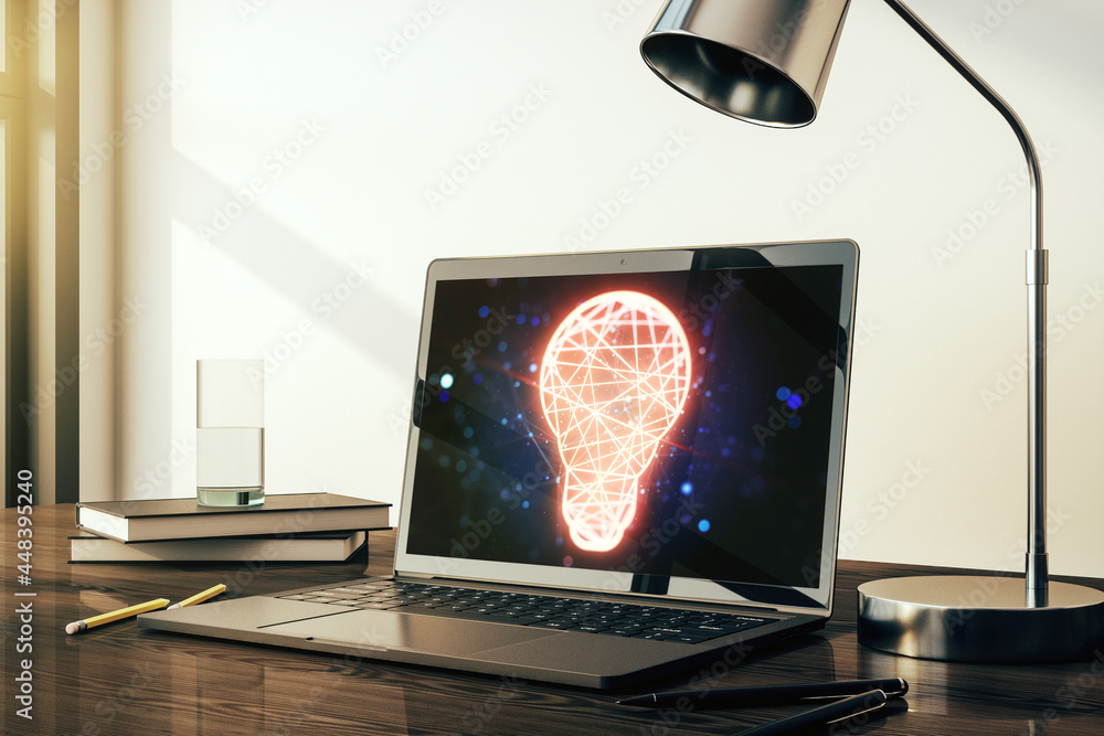 Poster Creative light bulb hologram on modern laptop monitor, idea concept. 3D Rendering