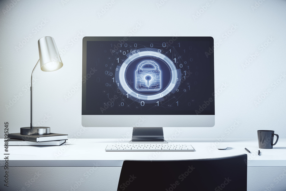 Aufkleber Creative lock sketch with chip hologram on modern computer monitor, protection of personal data concept. 3D Rendering