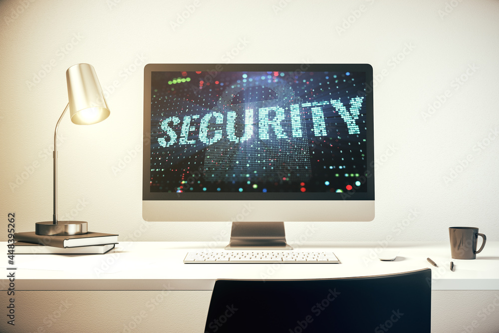 Poster Cyber security creative concept on modern laptop monitor. 3D Rendering