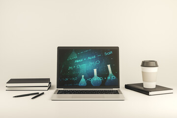 Creative chemistry hologram on modern laptop monitor, pharmaceutical research concept. 3D Rendering