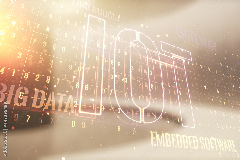 Aufkleber double exposure of abstract virtual iot hologram on empty modern office background, research and dev