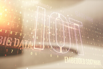 Double exposure of abstract virtual IOT hologram on empty modern office background, research and development concept