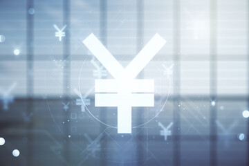 Abstract virtual Japanese Yen symbol hologram on modern interior background, forex and currency concept. Multiexposure