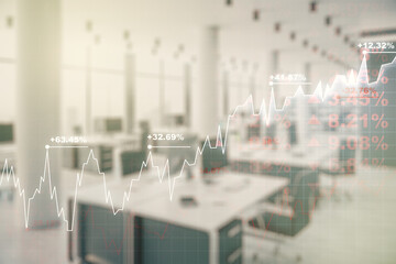 Abstract virtual financial graph hologram on a modern furnished office background, forex and investment concept. Multiexposure