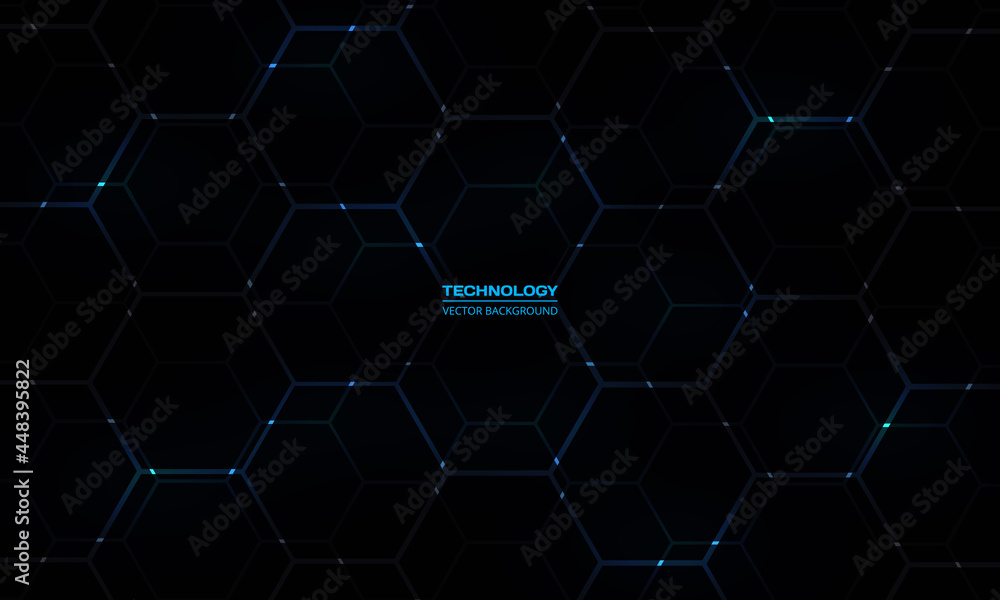 Poster black hexagonal technology background wit blue energy flashes. hexagon modern technology futuristic 