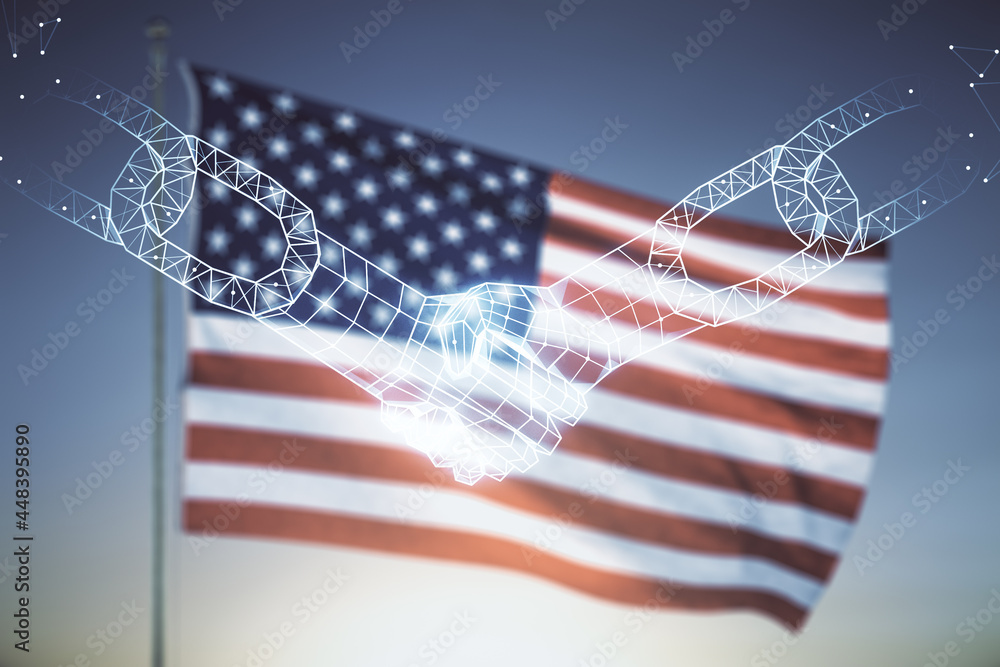 Poster abstract virtual blockchain technology hologram with handshake on us flag and blue sky background. d