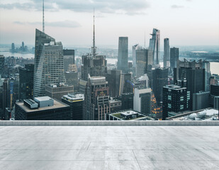 Empty concrete dirty rooftop on the background of a beautiful NY city skyline at daytime, mock up