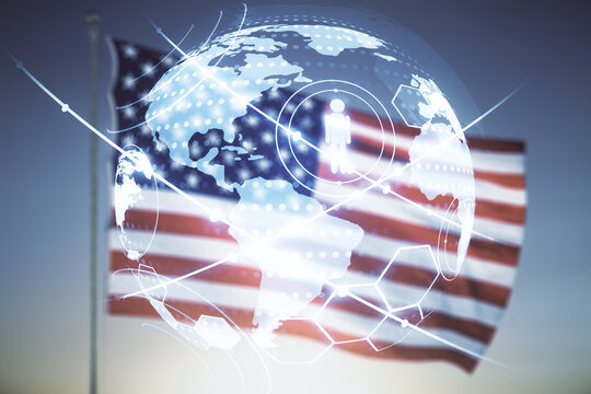 Virtual social network hologram and world map on USA flag and sunset sky background. Multiexposure - Powered by Adobe