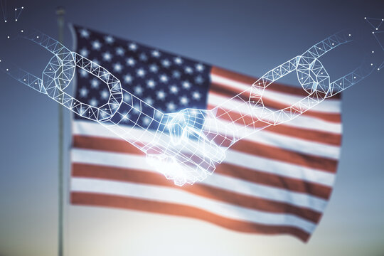 Abstract virtual blockchain technology hologram with handshake on US flag and blue sky background. Digital money transfers and decentralization concept. Multiexposure