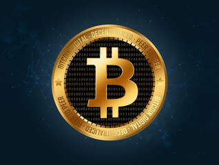 Bitcoin crypto wallpaper with the logo in a gold coin  and agolden ring - epic symbol over a blue background with a net