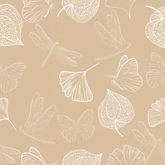 Tapeten Beige Handgezeichnet von Outline Physalis-Früchten, Schmetterlingen, Libellen, Ginkgo-Blättern. Nahtlose Musterillustration des Vektors