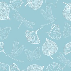Hand drawn of Outline Physalis fruit, butterfly, dragonfly, ginkgo leaf. Vector seamless pattern illustration